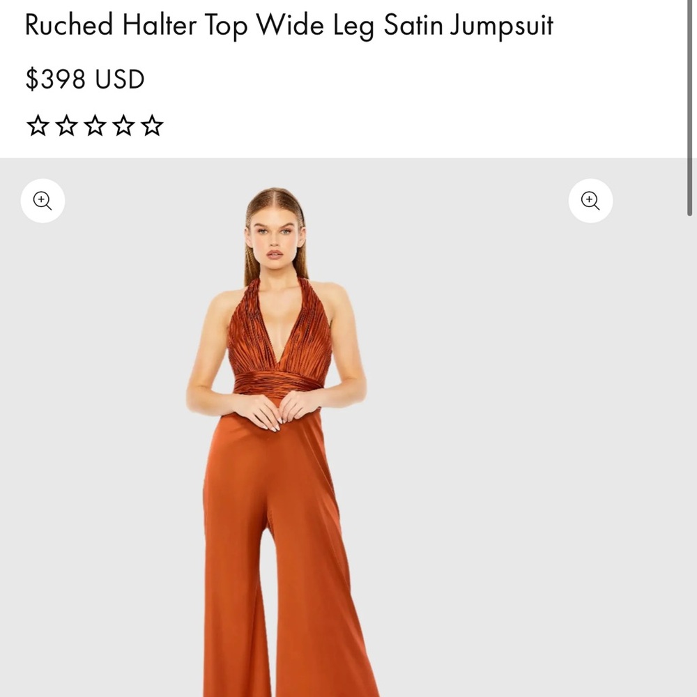Mac duggal ruched halter top wide leg satin jumpsuit retail $398